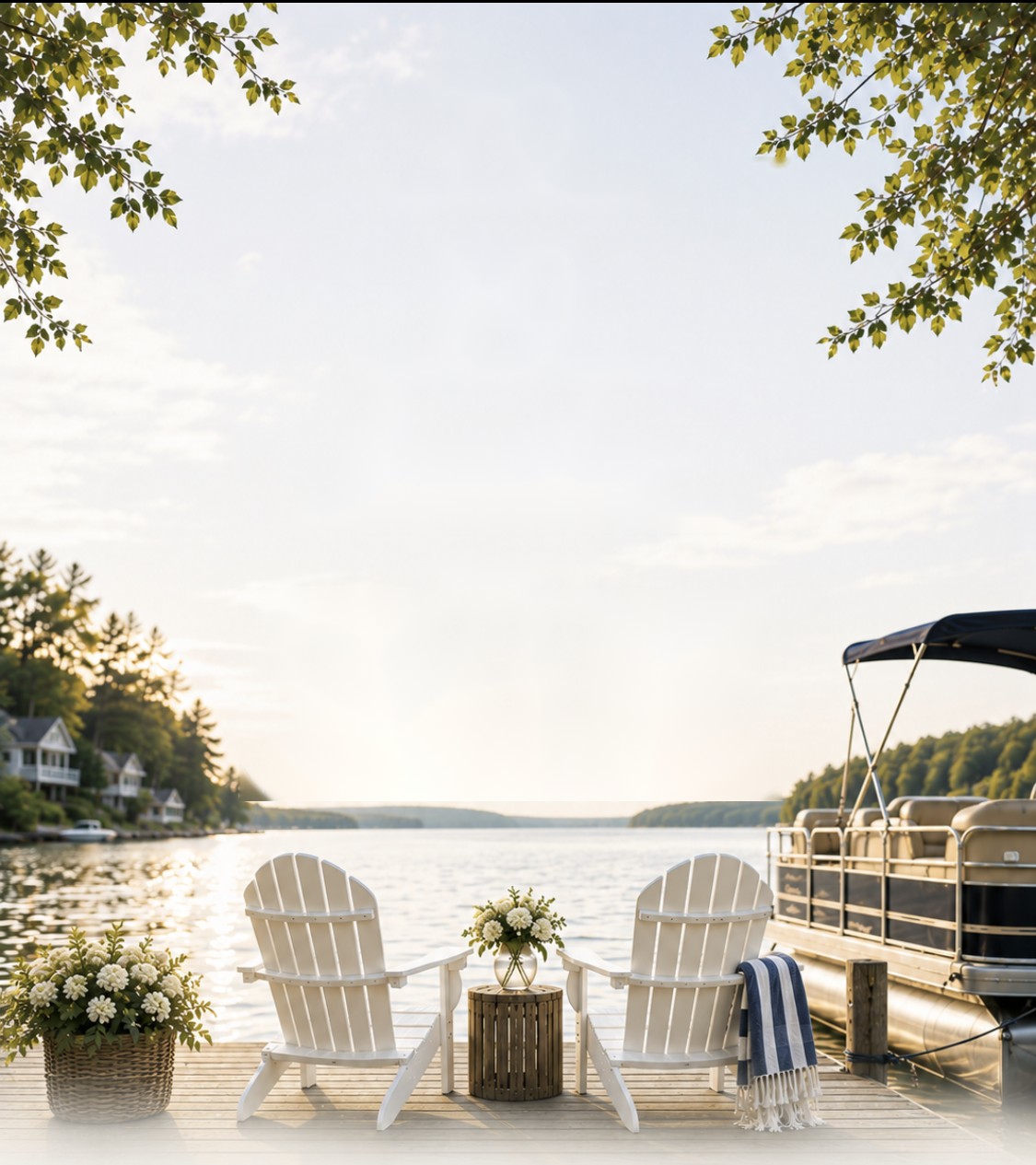 Two Adirondack chairs facing a lake at sunset, from Linda & Rich's celebration invitation